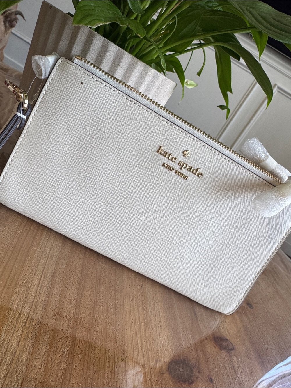 kate spade Ivory Saffiano Leather Wristlet with Gold Hardware